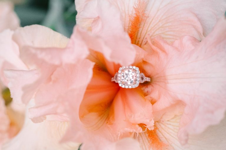 anillo halo de compromiso de oro con diamante princesa en la flor